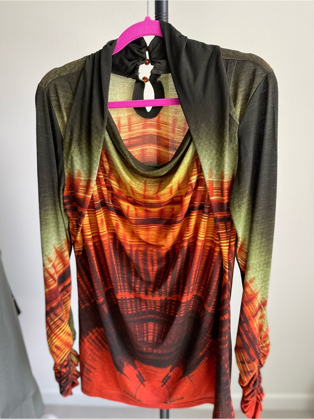 Anac Long-Sleeve Draped Top in Olive, Red, Orange
